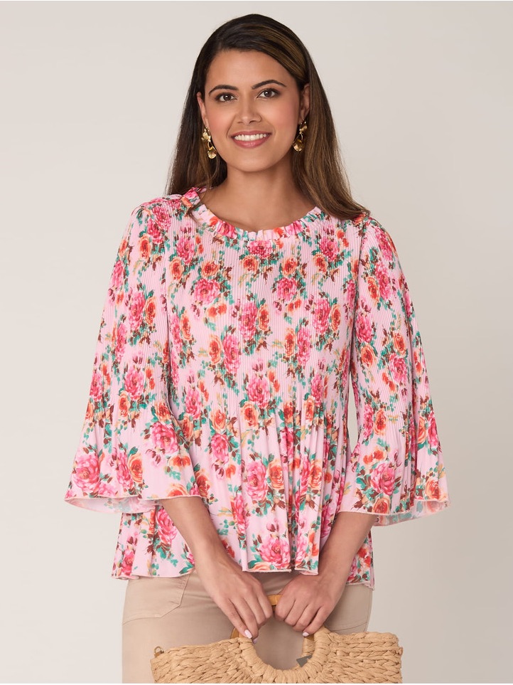 Brand New Ruby Rd Pink Floral Pleated Bell Sleeve Blouse Multiple Sizes